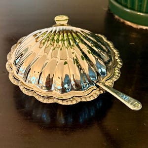 Vintage Tales of Sheffield Silver Plated Clam Shell Butter Dish with Glass Insert & Knife 3 Piece Set