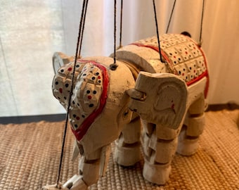 Vintage Handcrafted Wooden Elephant Marionette Puppet
