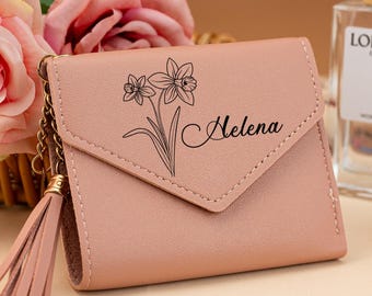 Personalized Leather Wallet with Tassel | Custom Name Purse for Her, Personalized Leather Wallet with Birth Flower, Gift for Mom