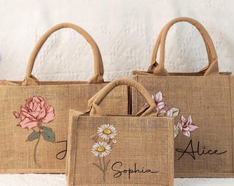 Personalized Birth Flower Burlap Tote Bag,Custom Floral Name Burlap Bag for Her,Bachelorette Party Bag,Bridesmaid Tote Bag,Bridesmaid Gifts
