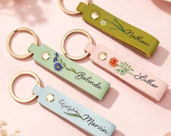Custom Birth Flower & Name Leather Keyring, Personalized Key Fob, Bridesmaid Favor, Birthday Gift for Best Friend, Teacher Thank‑you Gift