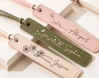 Custom Leather Bookmark with Birth Flower & Name | Personalized Birthday Gift for Book Lovers | Bridesmaid Gift | Wedding Gift