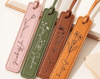 Personalized Birth Month Flower Leather Bookmark, Custom Name Bookmark, Bridesmaid Gift, Gifts for Teachers, Birthday & Anniversary Keepsake