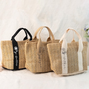 Personalized Maid of Honor Gift,Burlap Bag with Birth Flower,Custom Straw Bags Gifts,Beach Bag Bachelorette, Bridal Shower Bag,Wedding Gifts