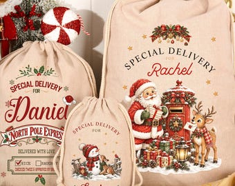 Personalized Santa Sack, Holiday Gift Bag, Christmas Bag with Name, Santa Gift Bag, Christmas Bag, Large Santa Sack, Family Christmas Bags