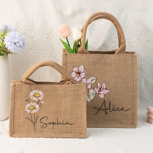 Cadeaux de demoiselle d'honneur, sac fourre-tout fait main personnalisé, sac en toile de jute à nom floral, fourre-tout fleurs de naissance, sac de plage, sac enterrement de vie de jeune fille, cadeau de demoiselle d'honneur