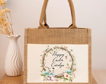 Easter Bag Personalized,Burlap Tote Easter Gift,Easter Treat Bag,Jute Easter Bag,Bunny Bag,Easter Basket for Children,Gift for Baby Boy Girl