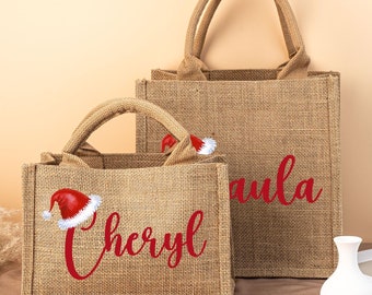 Custom Christmas Burlap Tote Bag, Personalized Name Jute Gift Bag, Holiday Gift for Her, Christmas Party Favor, Reusable Holiday Present Bag
