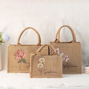 Personalisierte Geburtsblumen-Leinen-Einkaufstasche, kundenspezifische Blumenname-Leinentasche für Sie, Junggesellinnenabschied-Tasche, Brautjungfer-Einkaufstasche, Brautjungfer Geschenke