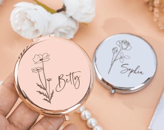Personalized Compact Mirror with Birth Flower, Engagement Gift for Her, Custom Engraved Pocket Mirror, Birthday Gift, Pre-wedding Party Gift