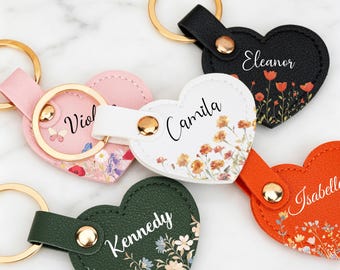 Personalised Heart Keyring, Custom Initials PU Leather Keychain | Birthday Flower Key Ring Gift for Her, Bridesmaid, Teacher Gift, Car Keys