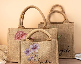 Personalized Birth Flower Burlap Tote Bag, Floral Name Burlap Bag, Beach Tote Bag, Bridesmaid Gift, Birthday Gift for Her, Bridal Show Gift