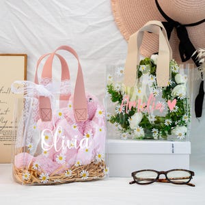 Aangepaste madeliefjestas voor bloemenmeisje,cadeauzakje bloemenmeisje,Gepersonaliseerde transparante cadeauzakje met lint,bruiloftaccessoires