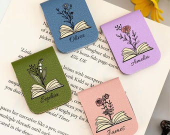 Custom Birth Flower Leather Magnetic Bookmark｜Bridesmaid Thank‑You Gift, Personalized Page Marker, Wedding Keepsake Gift for Book Lovers
