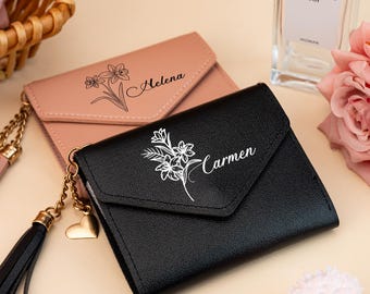 Personalized Leather Wallet, Custom Birth Flower Wallet with Name, Women Purse,Birthday Gifts, Mother's Day Gifts, Anniversary Gift for Her