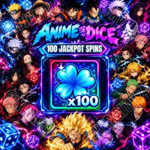 以下が含まれることがあります： ANIME DICEおよび100 JACKPOT SPINSというテキストが中央の正方形アイコンの上に配置されたデジタルグラフィック。アイコンには鮮やかな青い四つ葉のクローバーとx100という文字があり、周囲は様々なアニメキャラクターと光るサイコロのコラージュで構成されています。