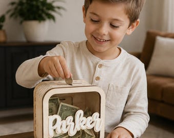 Hucha de bebé con nombre personalizado, caja de dinero de madera, decoración para la habitación del bebé, regalo para baby shower