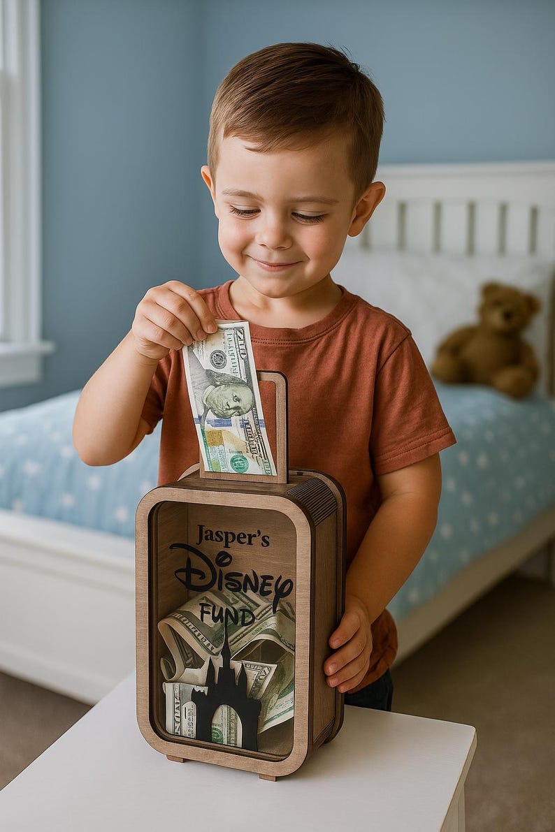 K&ouml;nnte beinhalten: Eine Holzspardose mit dem Text "Jasper's Disney Fund" und einer Schloss-Silhouette. Ein Kind steckt einen 100-Dollar-Schein in den Schlitz. Die Box ist mit verschiedenen W&auml;hrungen gef&uuml;llt.