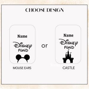 K&ouml;nnte beinhalten: Eine wei&szlig;e Grafik mit dem Text "CHOOSE DESIGN" oben. Zwei Designoptionen werden pr&auml;sentiert: "MOUSE EARS" mit Mickey Mouse Ohren und "CASTLE" mit einer Schlosssilhouette. Beide Designs enthalten "Name" und "Disney FUND" Text.
