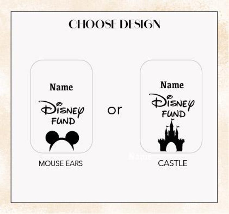 K&ouml;nnte beinhalten: Eine wei&szlig;e Grafik mit dem Text "CHOOSE DESIGN" oben. Zwei Designoptionen werden pr&auml;sentiert: "MOUSE EARS" mit Mickey Mouse Ohren und "CASTLE" mit einer Schlosssilhouette. Beide Designs enthalten "Name" und "Disney FUND" Text.