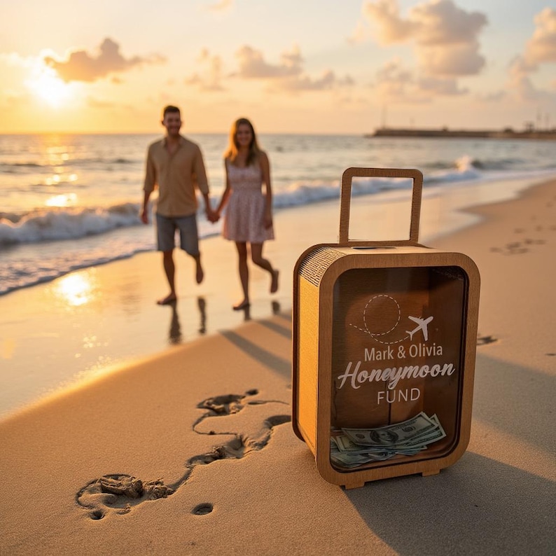 K&ouml;nnte beinhalten: Eine Geldbox in Form eines Holzkoffers mit einem Schlitz f&uuml;r Bargeld. Die Box hat eine transparente Vorderseite und ist mit dem Text "Mark & Olivia Honeymoon Fund" und einem kleinen Flugzeugsymbol verziert. Die Box steht auf einem Sandstrand, im Hintergrund ist ein Paar zu sehen, das spazieren geht.