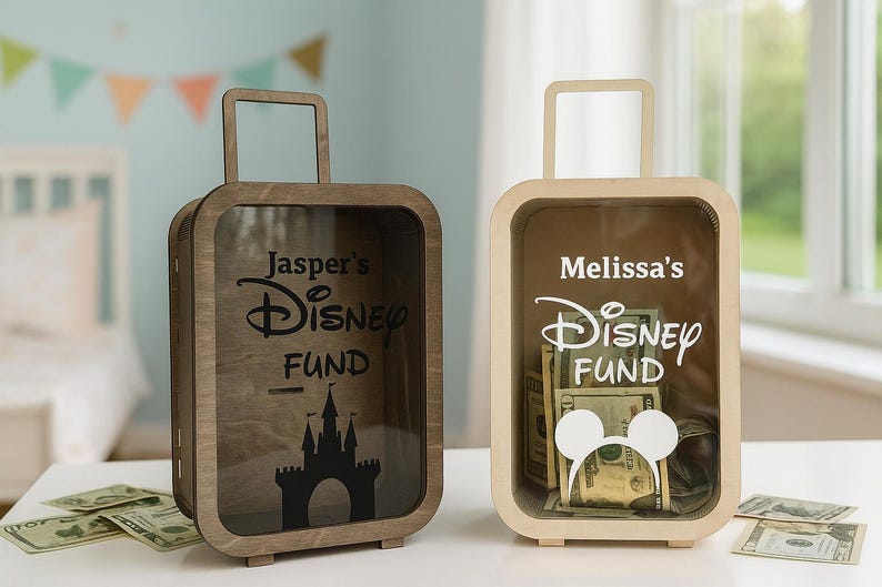 K&ouml;nnte beinhalten: Zwei Geldkassetten aus Holz in Form von Koffern. Eine ist braun und die andere hellbeige. Die braune Box hat "Jasper's Disney Fund" und eine Schlosssilhouette. Die beige Box hat "Melissa's Disney Fund" und einen Mickey Mouse-Kopf.
