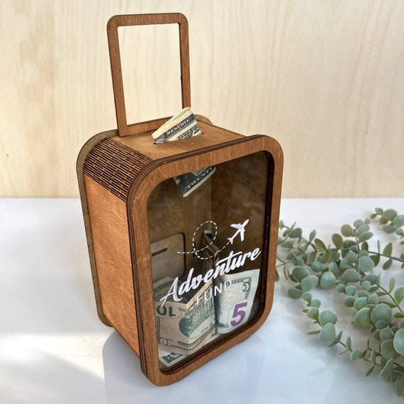 Adventure Fund Wooden Piggy Bank, Personalized Travel Savings Box, Vacation Fund Money Box, Birthday Gift