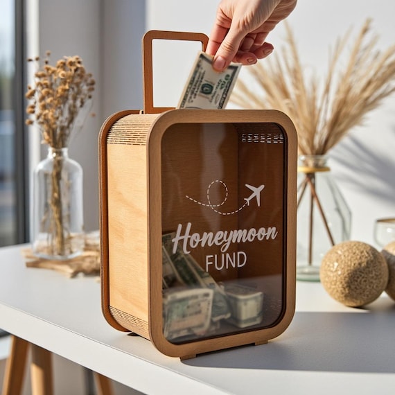 Personalized Honeymoon Fund Box – Wooden Suitcase Money Bank for Wedding Gift, Newlywed Travel Bridal Shower Gift