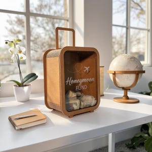 K&ouml;nnte beinhalten: Eine h&ouml;lzerne Geldbox in Form eines Koffers mit einer Glasfront. Die Box hat einen Schlitz oben zum Einwerfen von Geld und der Text "Honeymoon FUND" ist auf der Vorderseite aufgedruckt. Die Box steht auf einem wei&szlig;en Tisch mit einem Notizbuch und einem Stift daneben.