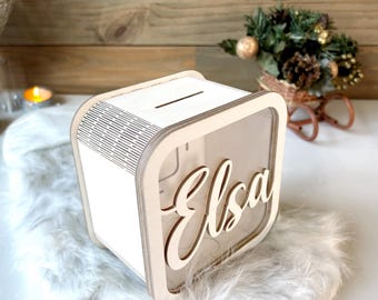 Personalized Piggy Bank, Custom Name Money Box - Handmade Wooden Savings Bank. Christmas Gift for kids