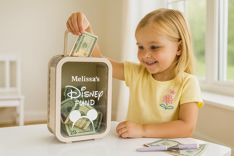 K&ouml;nnte beinhalten: Eine Holzspardose mit Griff, beschriftet mit "Melissa's Disney Fund", wird mit einem Zwanzig-Dollar-Schein gef&uuml;llt. Die Box ist rechteckig mit einer transparenten Vorderseite, und der Innenraum ist mit Bargeld gef&uuml;llt. Ein junges M&auml;dchen in einem gelben Hemd l&auml;chelt.