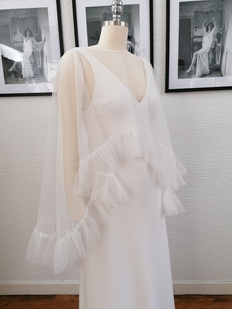 Ruffled tulle bridal cape image 4