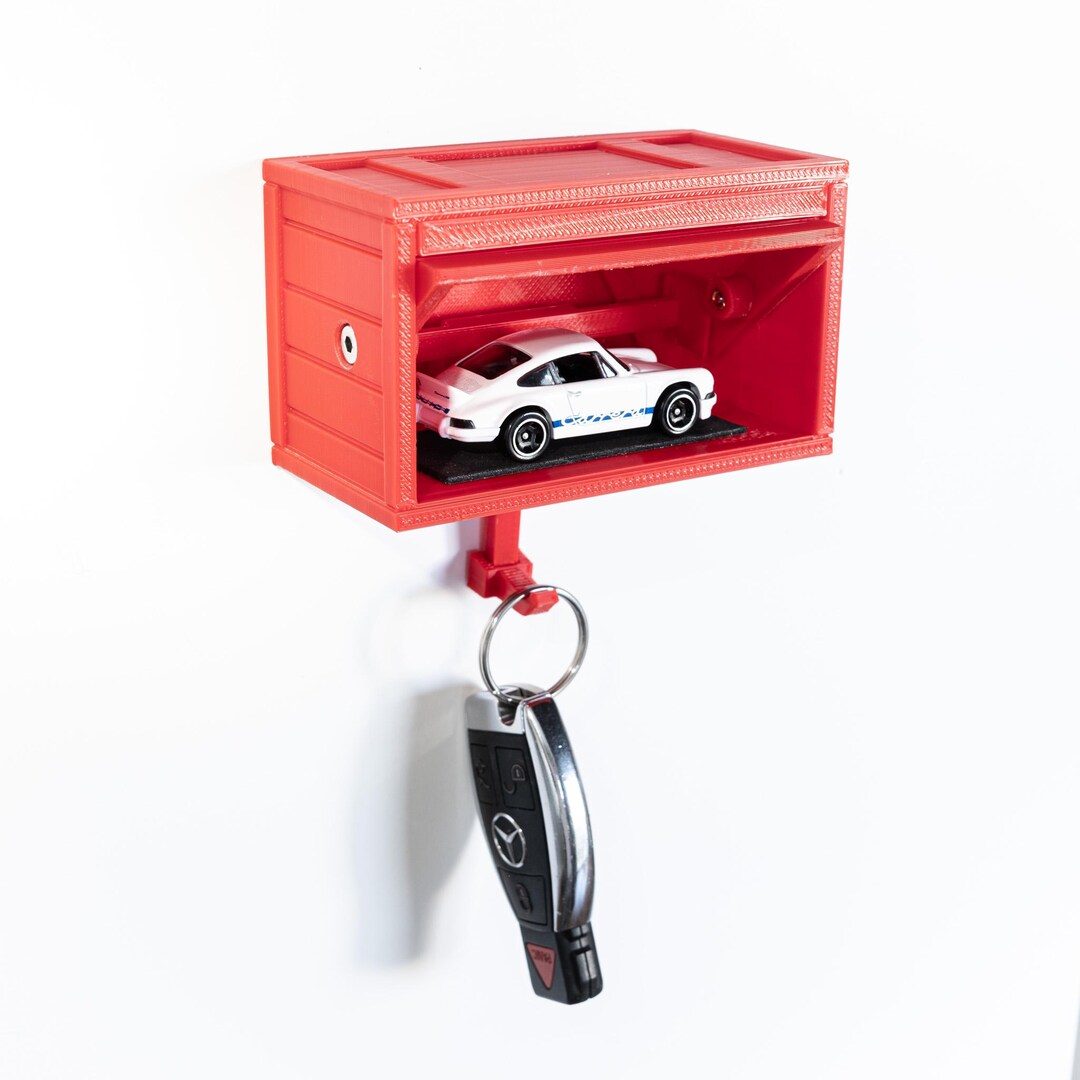 Fun Car Garage Key Holder With Opening Door - Wall Mount Key Organizer For 4-8 Keys, Small Space Solution