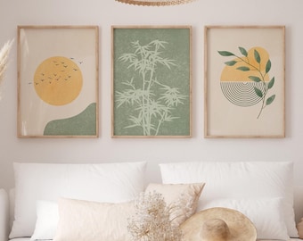 Juego de 3 impresiones de arte de pared Japandi, impresiones minimalistas en verde salvia, decoración de pared Wabi Sabi, decoración moderna y neutra para el hogar, arte de pared imprimible bohemio discreto