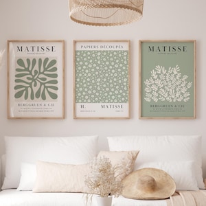 Matisse Wall Art, Sage Green Wall Art, Set of 3, Henri Matisse Gallery Wall Set, Abstract, Floral, Botanical, Boho Wall Art, MS3-3