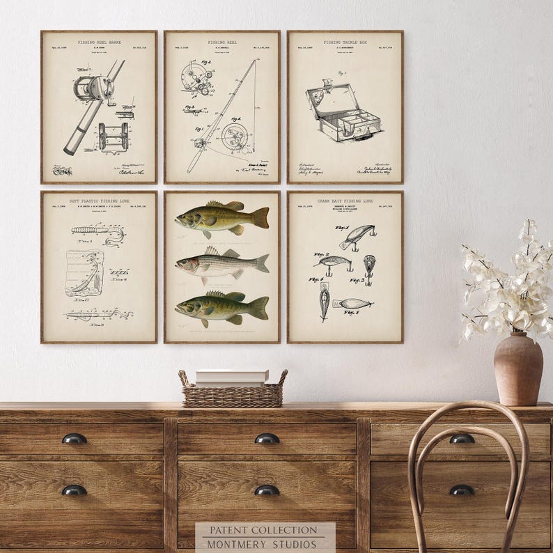 Set of 12 Vintage Fishing Patent Prints, featuring Trout and Bass fishing art. Includes Male Brook Trout, Lake Trout, Rocky Mountain Trout, Largemouth, Smallmouth, and Striped Bass. Showcasing vintage fishing patents with detailed illustrations of fishing gear, tackle, lures, reels, and a tackle box. Ideal for fishing enthusiasts, anglers, and man cave decor. Perfect for lake house walls or as a unique fishing gift. Classic, freshwater fishing and North American game fish.