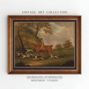 Vintage Hunting Scene Wall Art, Hunter with Hunting Dogs and Horse, Rustic Farmhouse Decor, Wildlife Animal Print, AN15