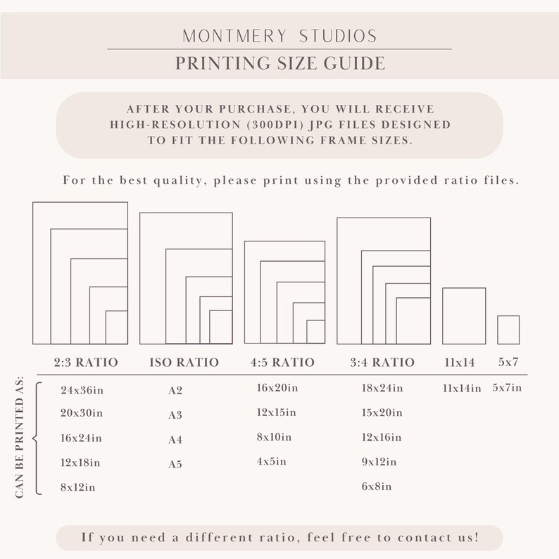 May include: A Montmery Studios printing size guide chart with black line drawings of rectangles representing aspect ratios and a table listing dimensions in inches for 2:3, ISO, 4:5, and 3:4 ratios, plus 11x14 and 5x7 sizes for high-resolution JPG files.