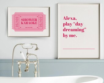 Shower Karaoke Ticket, Horizontal Bathroom Print, Pink Retro Poster, Quirky Funny Singing Poster, Alexa Play Print, Humorous Bathroom Decor