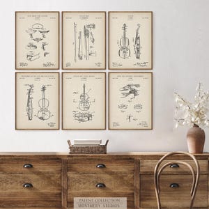 Set of 12 vintage violin patent prints featuring detailed illustrations of iconic violin parts, including violin bow, chin rest, tuning pegs, violin case, shoulder rest, bridge, tailpiece, mute, and full violin design. Ideal wall decor for music teachers, violinists, classical music lovers, and music room, studio, or orchestra spaces. A unique gift for musicians and string instrument enthusiasts.