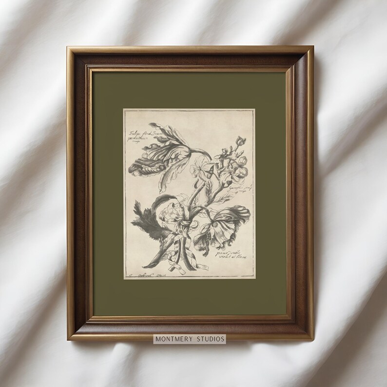 Set of six vintage flower sketches in sage green and dark green tones, featuring botanical illustrations with antique etching style. Elegant floral drawings and green botanical prints perfect for living room, bedroom, nursery, or entryway decor. This vintage floral wall art set brings timeless charm and natural beauty to any space, adding subtle color and classic design to farmhouse, cottage, or modern interiors.