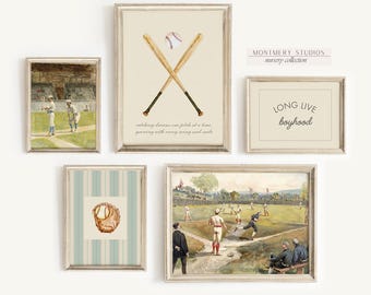 Vintage Baseball Nursery Prints, Sports Boys Room Decor, Baseball Kids Room Wall Art, Baseball Gifts, Bat and Glove, Long Live Boyhood, S073