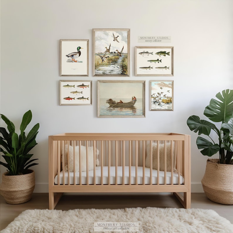 Watercolor fishing nursery art with ducks, mallard wall prints, bass and trout artwork for baby boy room, vintage-inspired fish illustrations, decorative fishing wall art for kids bedroom, playful fisherman theme decor, rustic nursery wall prints with freshwater fish, cozy boys room wall accents, charming angler artwork for children’s room, unique baby shower gift for fishing families