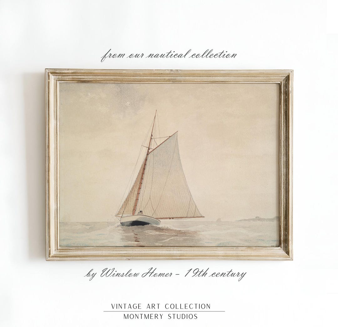 Nautical Printable Wall Art, Vintage Watercolor Drawing Sailboat ...
