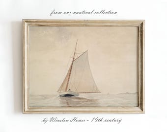 Nautical Printable Wall Art, Vintage Watercolor Drawing Sailboat Artwork for Coastal Home Decor, Neutral Sea Prints, Digital Download, NA1