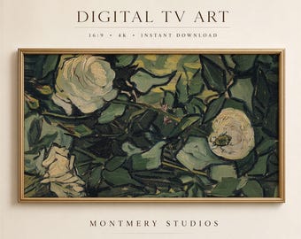 Cuadro abstracto de Van Gogh para televisión, pintura al óleo de rosas verde oscuro melancólicas (descarga digital)