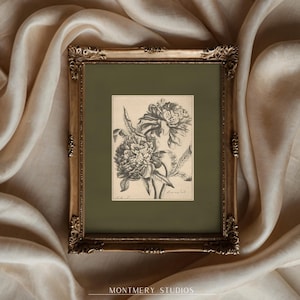 Set of two vintage-inspired flower sketches in soft sage and deep green tones, perfect for wall decor. Delicate botanical drawings with antique etching style, ideal for living room, baby nursery room, kids room, bedroom, or entryway. Classic floral artwork with hand-drawn details, dark green botanical prints for a timeless and elegant home aesthetic. Vintage wall art set, perfect for adding subtle color and natural beauty to any space.
