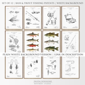 May include: Set of 12 framed prints featuring bass and trout fishing patents. The prints include detailed illustrations of fishing tackle, lures, and fish, with a white background. The text "PLAIN WHITE BACKGROUND VERSION | LINK IN DESCRIPTION" is visible.