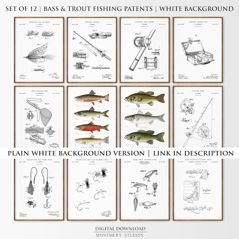 May include: Set of 12 framed prints featuring bass and trout fishing patents. The prints include detailed illustrations of fishing tackle, lures, and fish, with a white background. The text "PLAIN WHITE BACKGROUND VERSION | LINK IN DESCRIPTION" is visible.