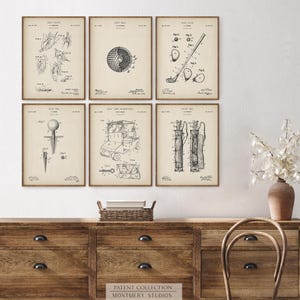 vintage golf patent prints, featuring golf clubs, golf balls, golf tees, golf carts, golf caddy bags, golf shoes, and gloves. Perfect for man cave decor, golf lovers, office, or sports room. blueprint golf wall art for enthusiasts and collectors